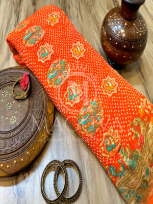 Vibrant Orange Bandhani Silk Saree with Traditional Motifs