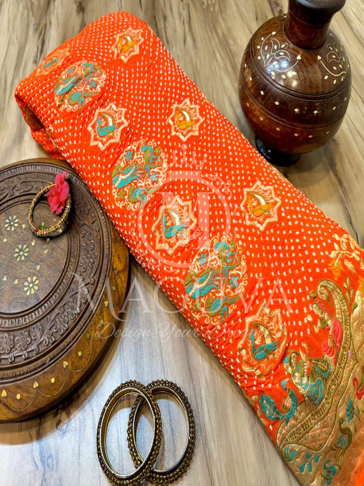 Vibrant Orange Bandhani Silk Saree with Traditional Motifs