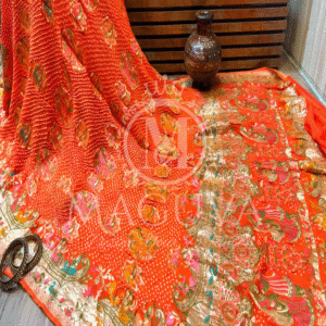 Vibrant Orange Bandhani Silk Saree with Traditional Motifs