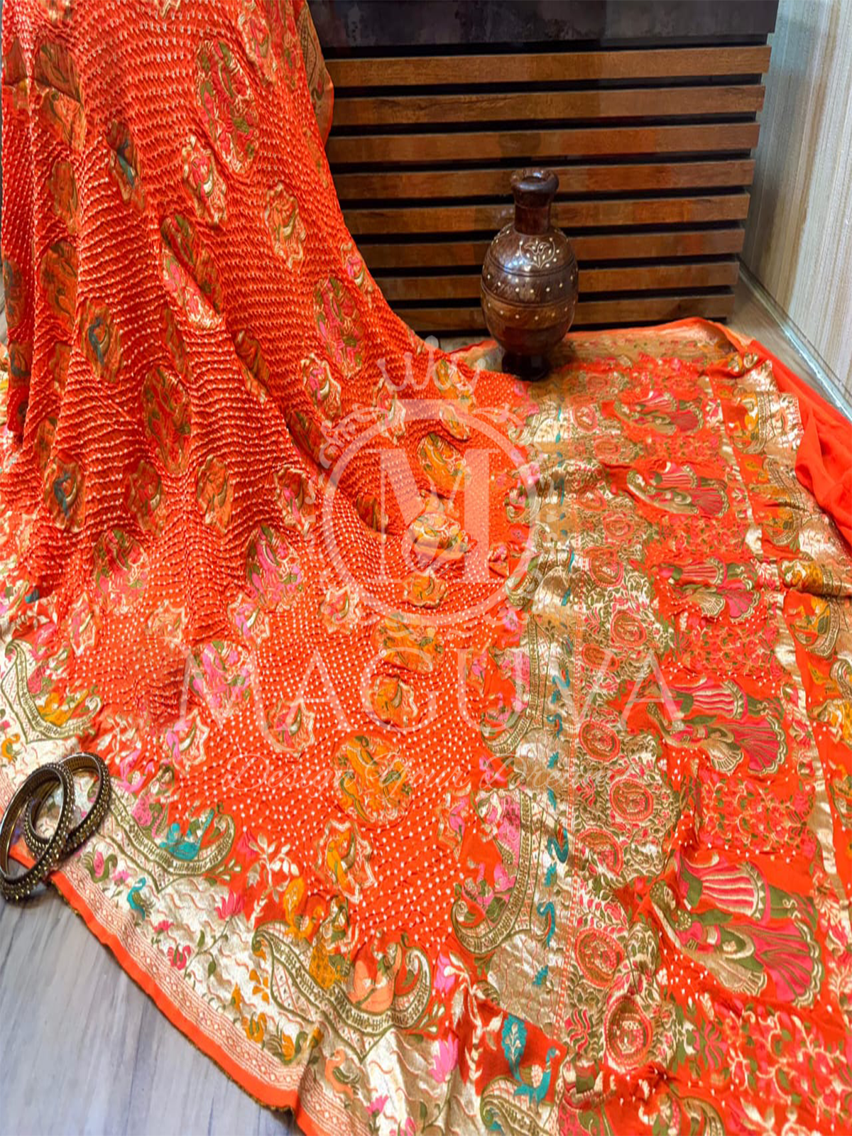 Vibrant Orange Bandhani Silk Saree with Traditional Motifs