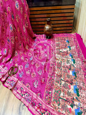 Majestic Pink Bandhani Silk Saree with Traditional Motifs