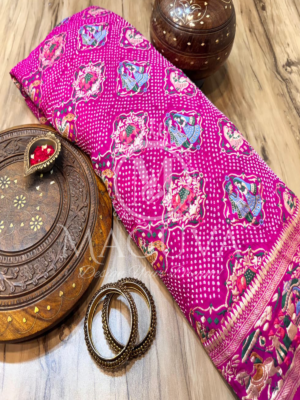 Majestic Pink Bandhani Silk Saree with Traditional Motifs