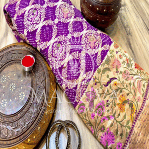 Royal Purple Bandhani Silk Saree with Golden Floral Border
