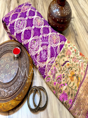 Royal Purple Bandhani Silk Saree with Golden Floral Border