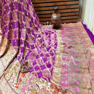 Royal Purple Bandhani Silk Saree with Golden Floral Border