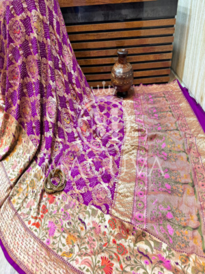 Royal Purple Bandhani Silk Saree with Golden Floral Border