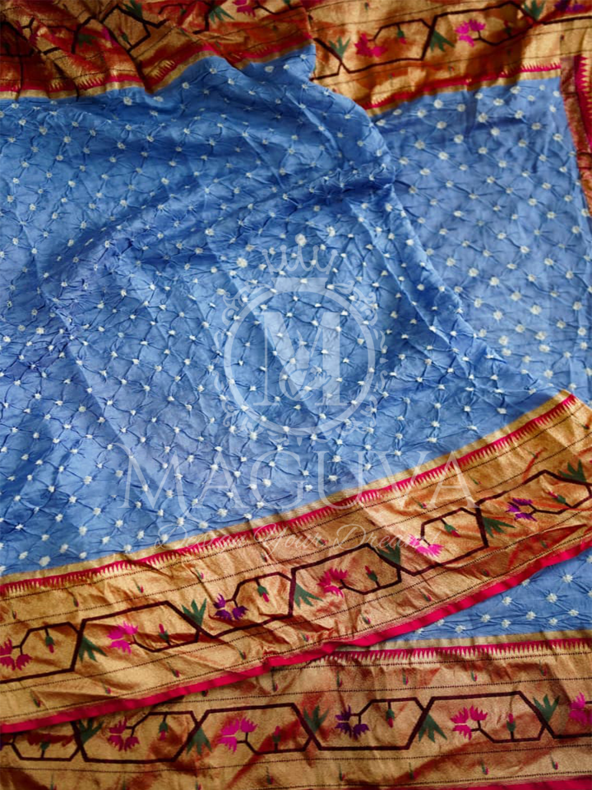 Elegant Sky Blue Bandhani Silk Saree with Golden Red Border