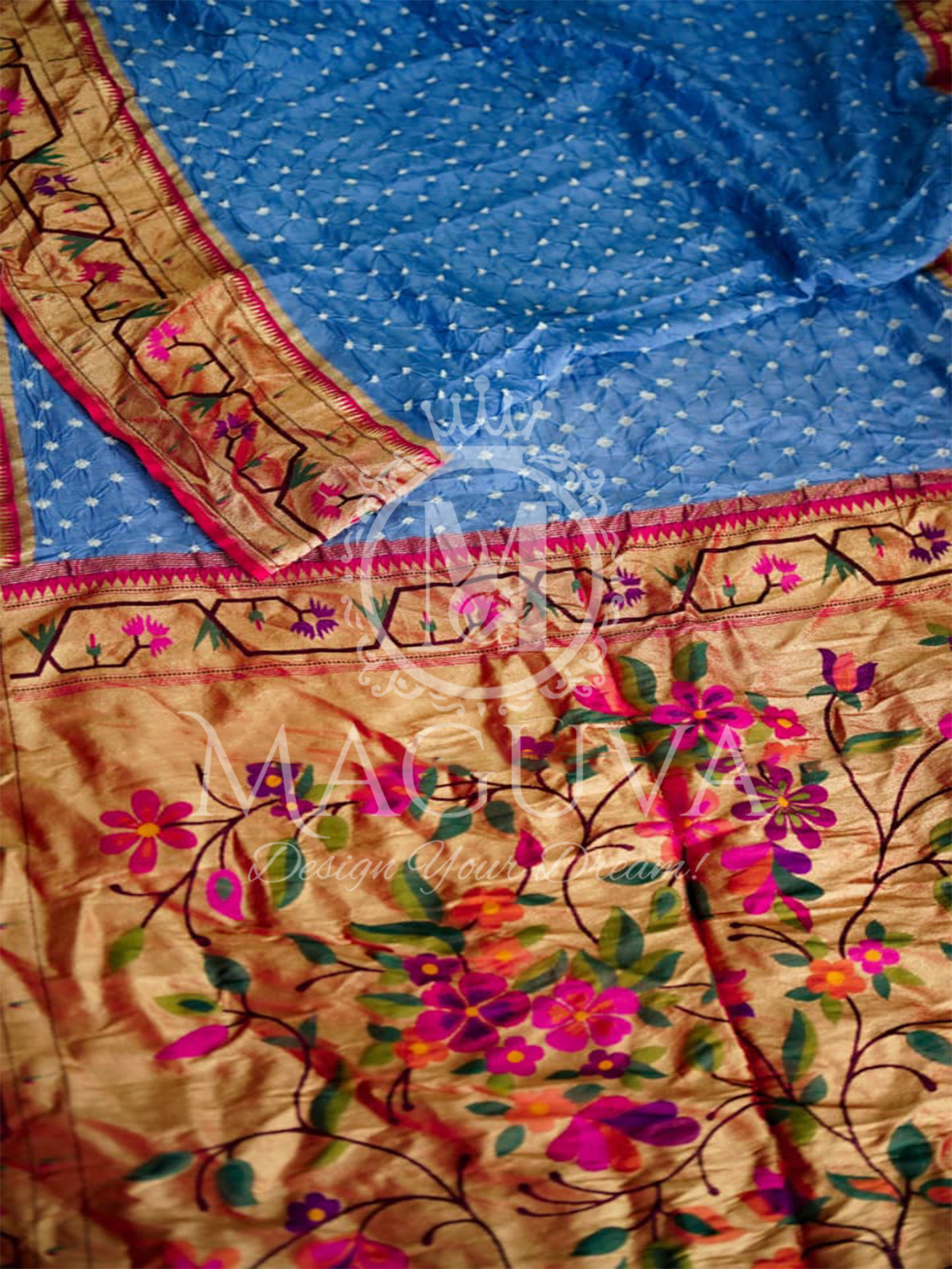 Elegant Sky Blue Bandhani Silk Saree with Golden Red Border