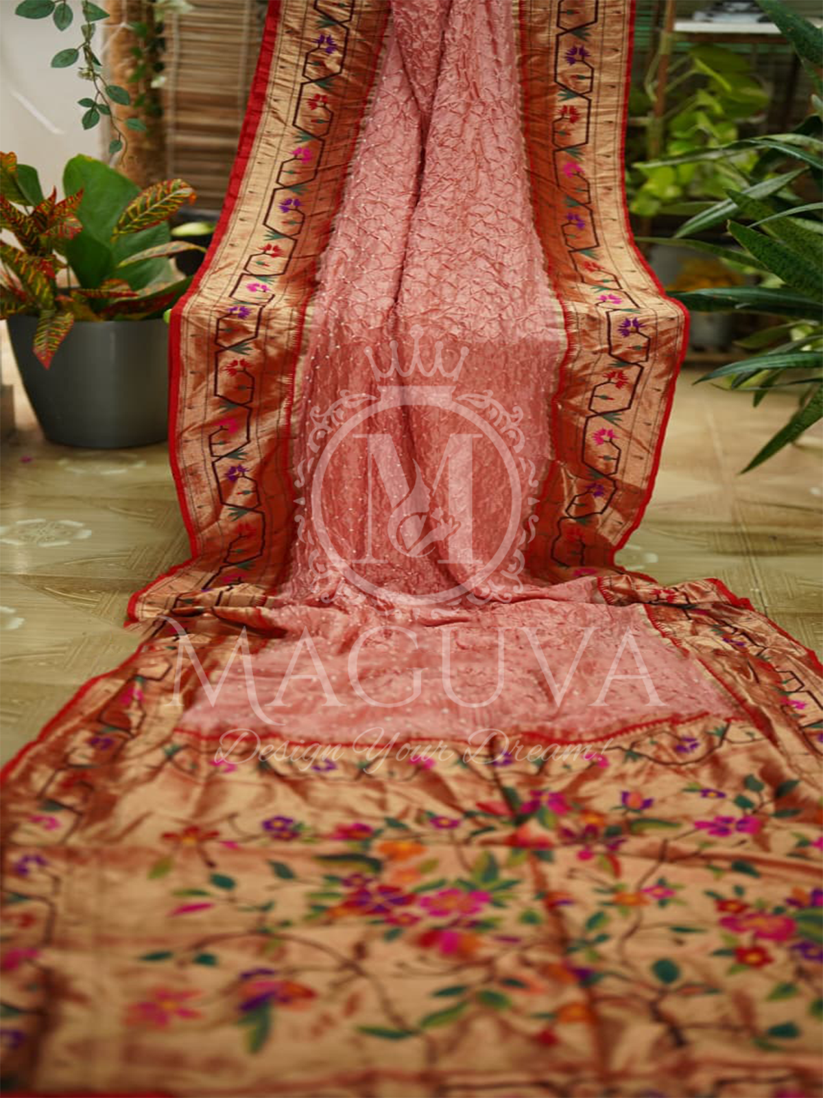 Graceful Peach Crushed Silk Saree with Golden Floral Embroidered Border