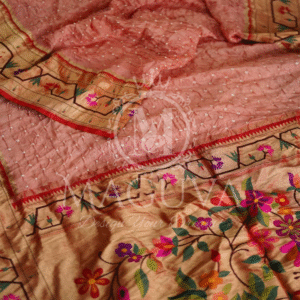 Graceful Peach Crushed Silk Saree with Golden Floral Embroidered Border