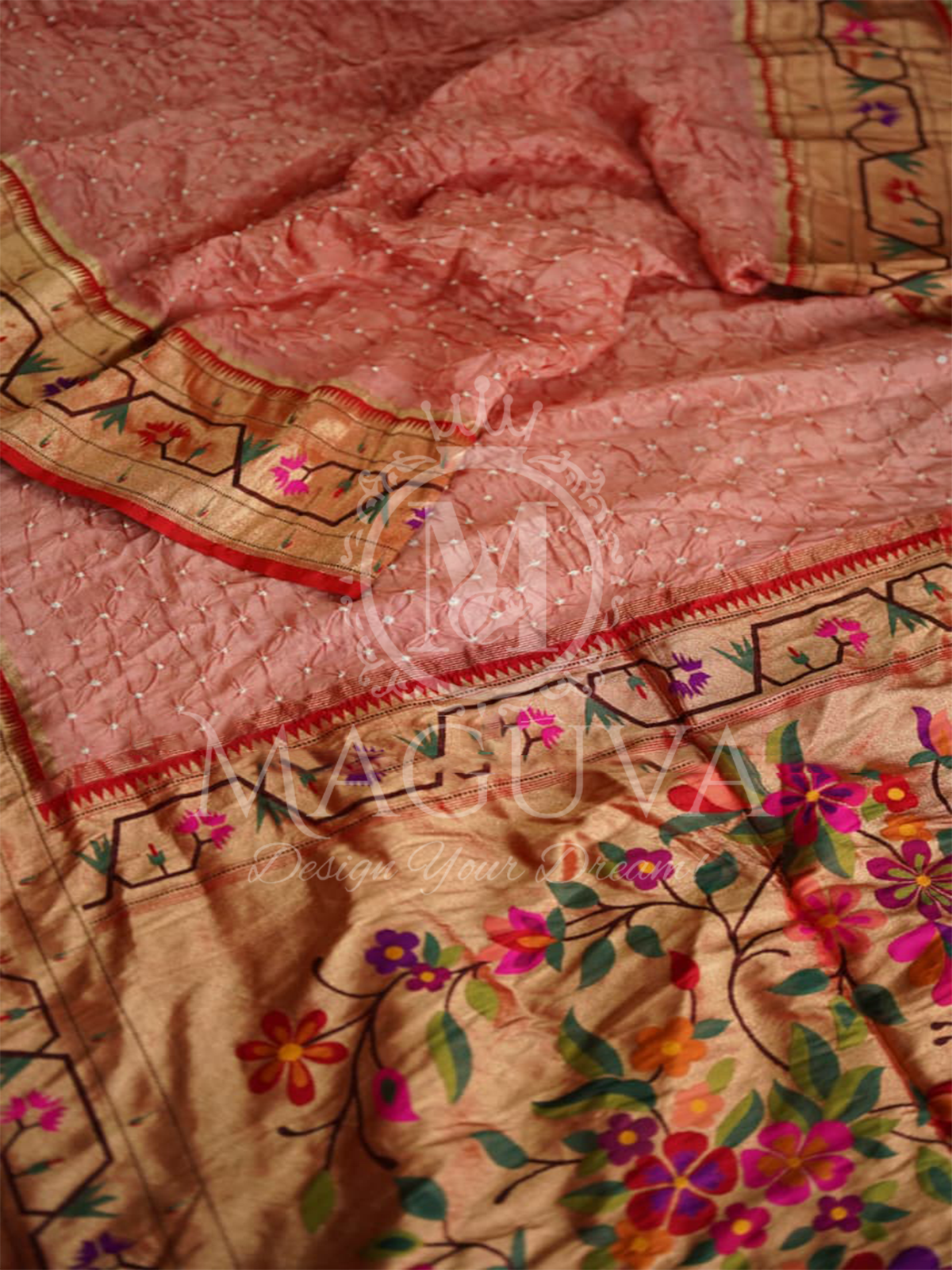Graceful Peach Crushed Silk Saree with Golden Floral Embroidered Border