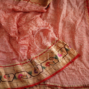 Graceful Peach Crushed Silk Saree with Golden Floral Embroidered Border