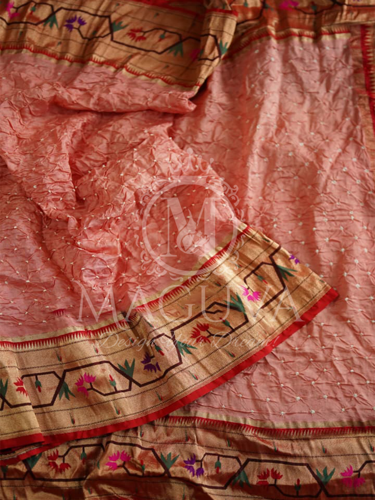 Graceful Peach Crushed Silk Saree with Golden Floral Embroidered Border