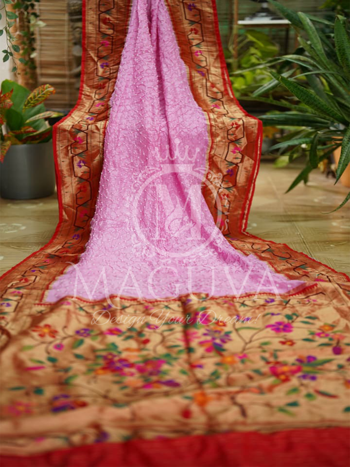 Charming Pink Crushed Silk Saree with Golden Floral Embroidered Border