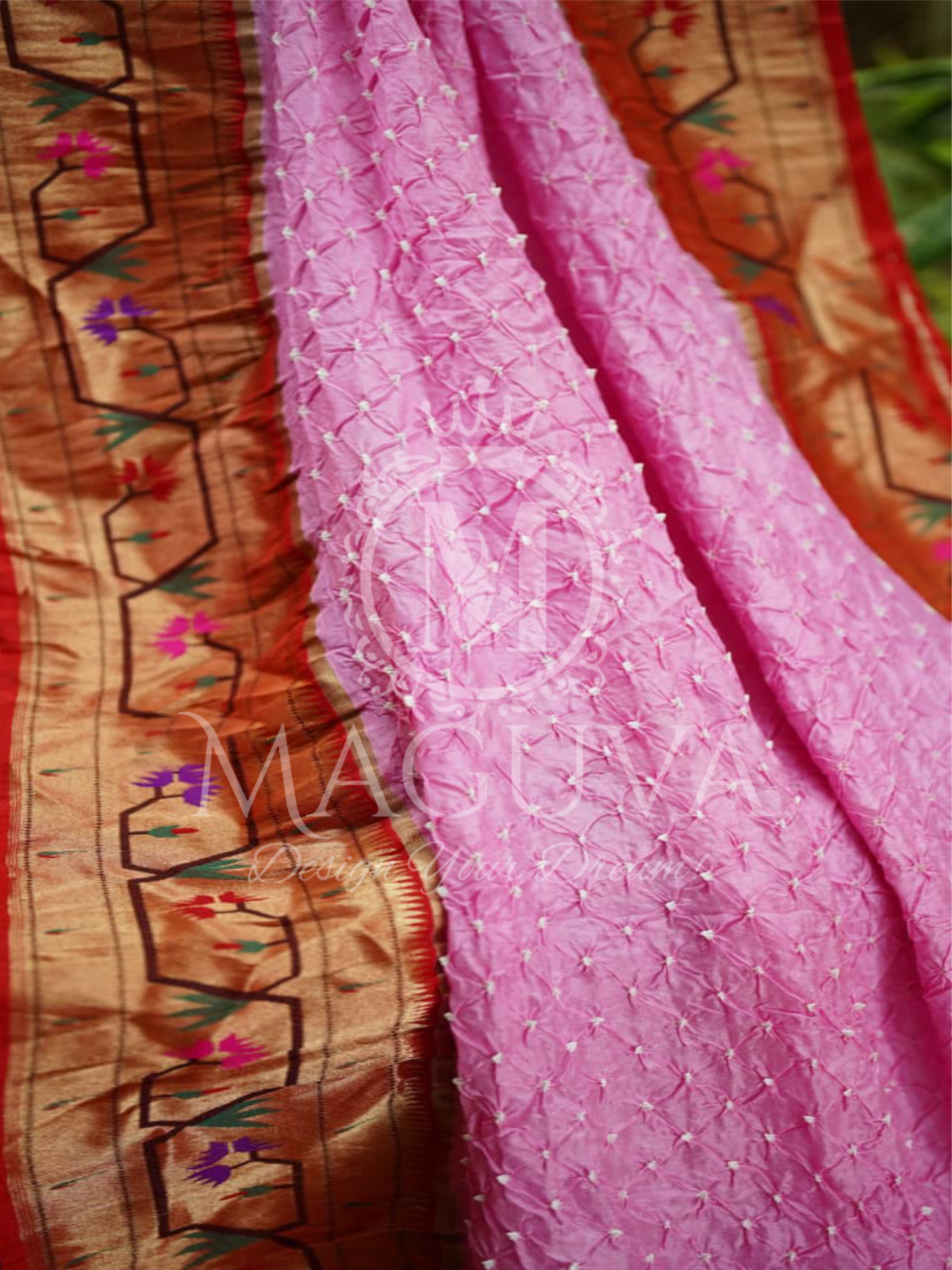 Charming Pink Crushed Silk Saree with Golden Floral Embroidered Border