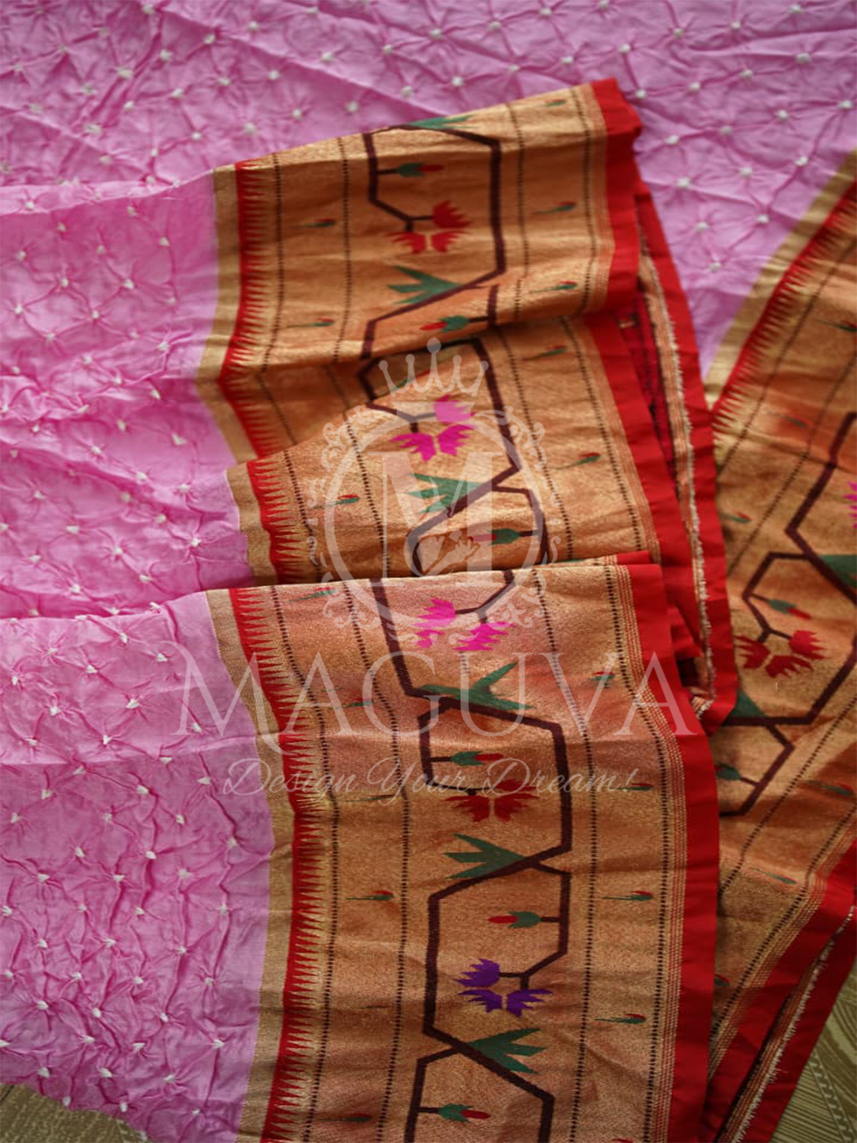Charming Pink Crushed Silk Saree with Golden Floral Embroidered Border