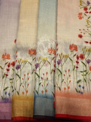 Elegant Linen Saree with Multicolor Floral Digital Print Border – Pastel Shades Collection