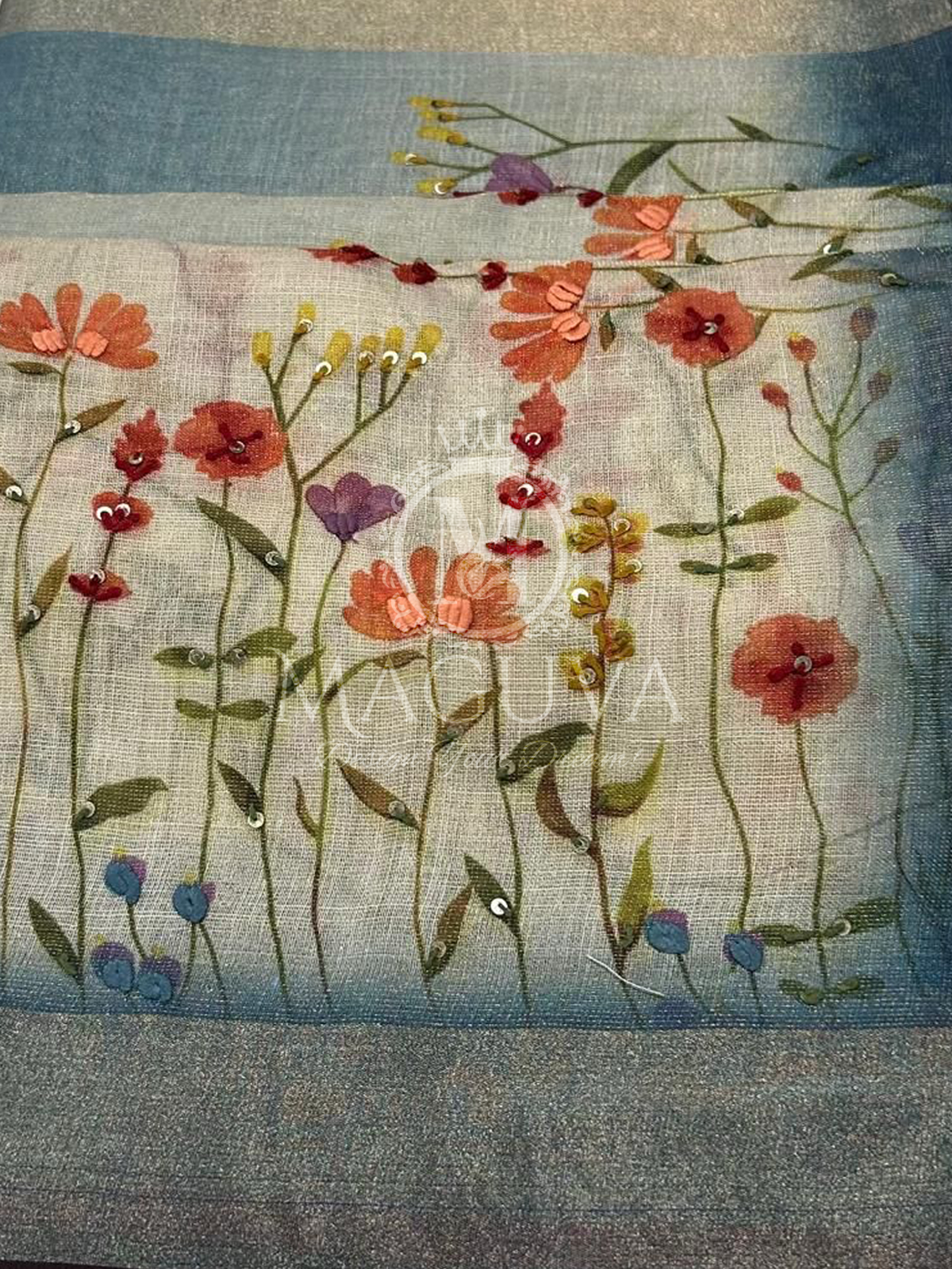 Pastel Blue Linen Saree with Hand-Painted Floral & Sequin Embroidery