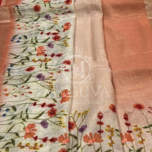 Peach Linen Saree with Floral Digital Print & Sequin Highlights