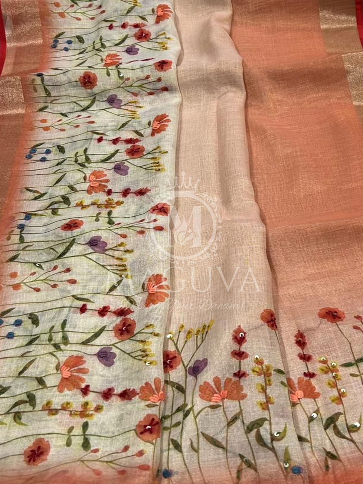 Peach Linen Saree with Floral Digital Print & Sequin Highlights