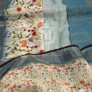 Pastel Blue Linen Saree with Hand-Painted Floral & Sequin Embroidery