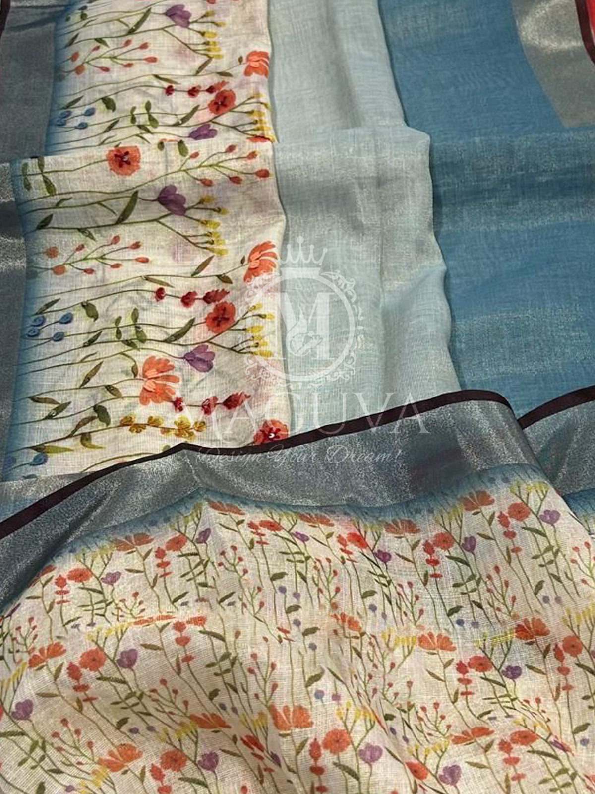 Pastel Blue Linen Saree with Hand-Painted Floral & Sequin Embroidery