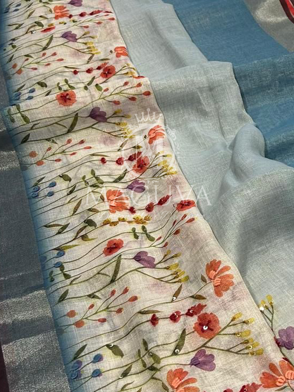 Pastel Blue Linen Saree with Hand-Painted Floral & Sequin Embroidery