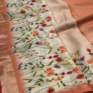 Peach Linen Saree with Floral Digital Print & Sequin Highlights
