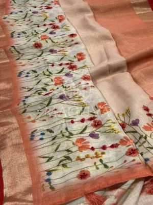 Peach Linen Saree with Floral Digital Print & Sequin Highlights
