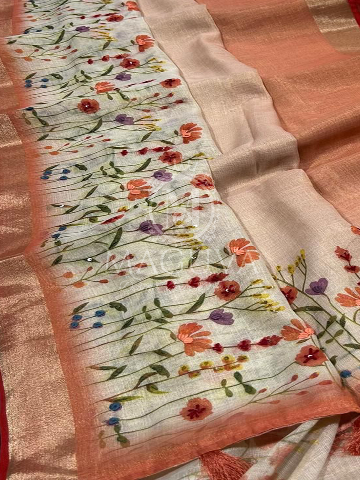 Peach Linen Saree with Floral Digital Print & Sequin Highlights