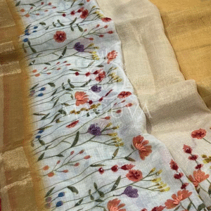 Golden Linen Saree with Hand-Painted Floral Design & Red Border