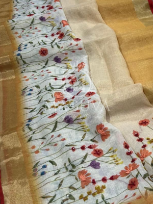 Golden Linen Saree with Hand-Painted Floral Design & Red Border