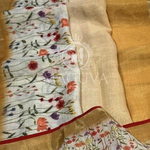 Golden Linen Saree with Hand-Painted Floral Design & Red Border