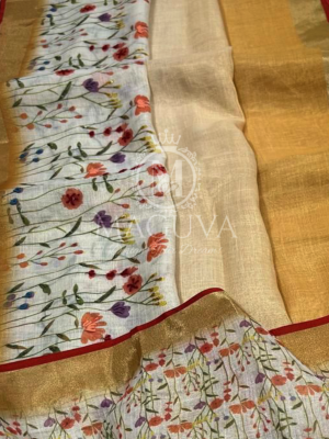 Golden Linen Saree with Hand-Painted Floral Design & Red Border