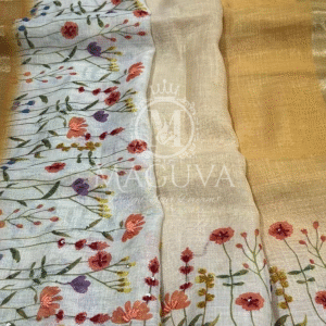 Golden Linen Saree with Hand-Painted Floral Design & Red Border