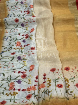 Golden Linen Saree with Hand-Painted Floral Design & Red Border
