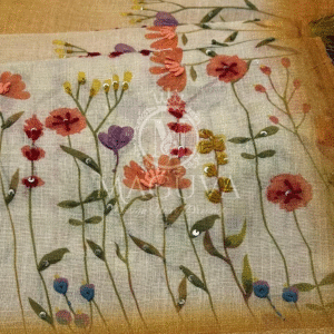 Golden Linen Saree with Hand-Painted Floral Design & Red Border