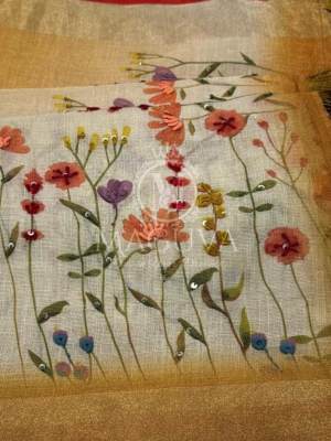 Golden Linen Saree with Hand-Painted Floral Design & Red Border