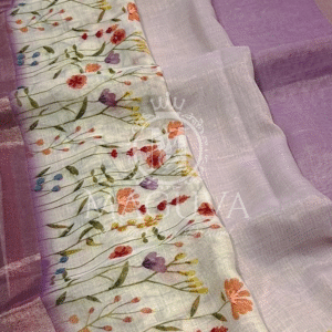 Lavender Linen Saree with Hand-Painted Floral Motifs
