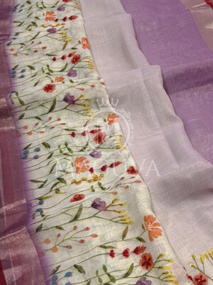 Lavender Linen Saree with Hand-Painted Floral Motifs