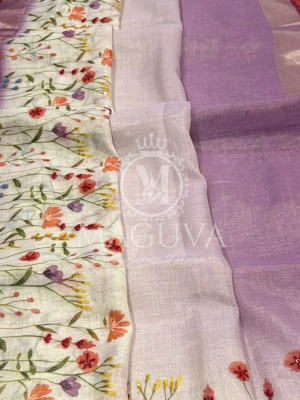 Lavender Linen Saree with Hand-Painted Floral Motifs