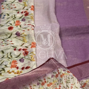 Lavender Linen Saree with Hand-Painted Floral Motifs