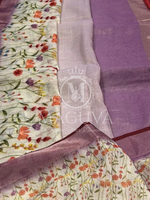 Lavender Linen Saree with Hand-Painted Floral Motifs