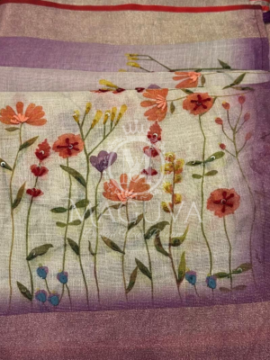 Lavender Linen Saree with Hand-Painted Floral Motifs