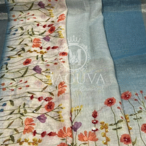 Pastel Blue Linen Saree with Hand-Painted Floral & Sequin Embroidery