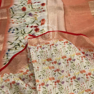 Peach Linen Saree with Floral Digital Print & Sequin Highlights