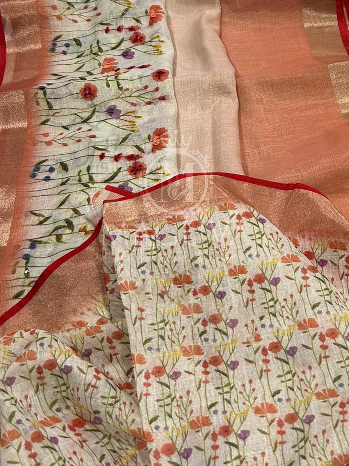 Peach Linen Saree with Floral Digital Print & Sequin Highlights