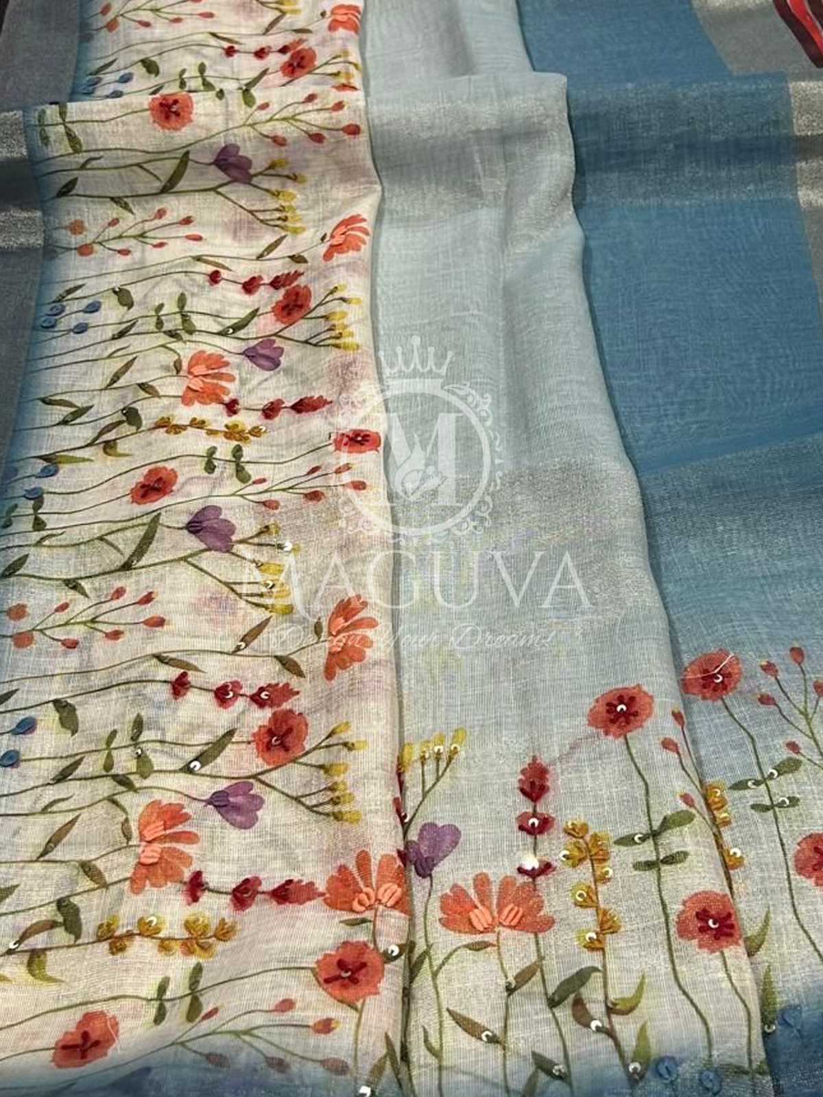 Pastel Blue Linen Saree with Hand-Painted Floral & Sequin Embroidery