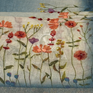 Pastel Blue Linen Saree with Hand-Painted Floral & Sequin Embroidery