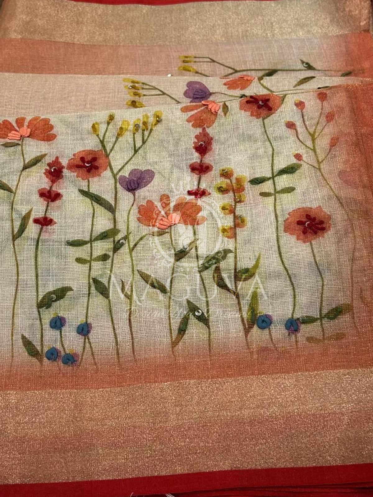 Peach Linen Saree with Floral Digital Print & Sequin Highlights